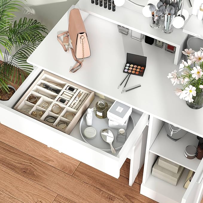 White Makeup Vanity Desk: 35" Makeup Vanity with Lights and Mirror, Wood Make Up Table with Drawers, Bedroom LED Make Up Desk and Stool Set (White)