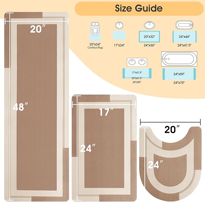 ACCUMTEK Ultra Thin Bath Mats Fit Under Door 3 Piece, Upgrade Backing Non Slip Bath Mat, Quick Dry Absorbent Bath Mat, Machine Washable Bathroom Rugs for Bathroom Floor, Bathtub, Kitchen, Taupe