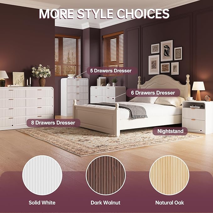 FURSUN Fluted 5 Drawers Dresser for Bedroom, 48" Tall Wooden Modern Dresser with Metal Handle, Curved Profile Design, Storage Organizer for Living Room, Hallway (White)