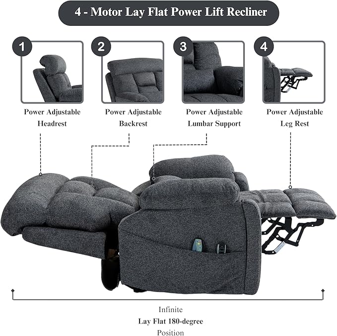 4-Motor Lay Flat Power Lift Recliner Chair with Heat & Massage - Power Adjustable Headrest, Backrest, Lumbar & Legrest - Big Tall Recliners, 4-Point Massage (Seat Heating)