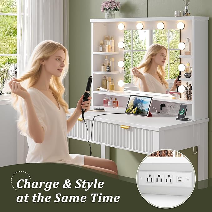 Vanity Desk with HD Mirror and 3-Color Adjustable Lights, Fluted Makeup Vanity with Storage Stool, 2 Large Drawers & Charging Station, Small Vanity for Women's Bedroom, Dressing Room, White