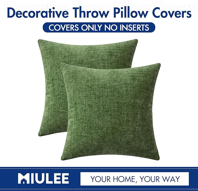 MIULEE Pack of 2 Couch Throw Pillow Covers 18x18Inch Soft Moss Green Spring Chenille Pillow Covers for Sofa Living Room Solid Dyed Pillow Cases