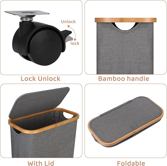 Slim Laundry Basket with Wheels,Narrow Hampers for Laundry, Laundry Hamper with Lid&Bamboo Handles,Collapsible Waterproof Tall Cloth Hamper for Dorm Family(60L Grey)