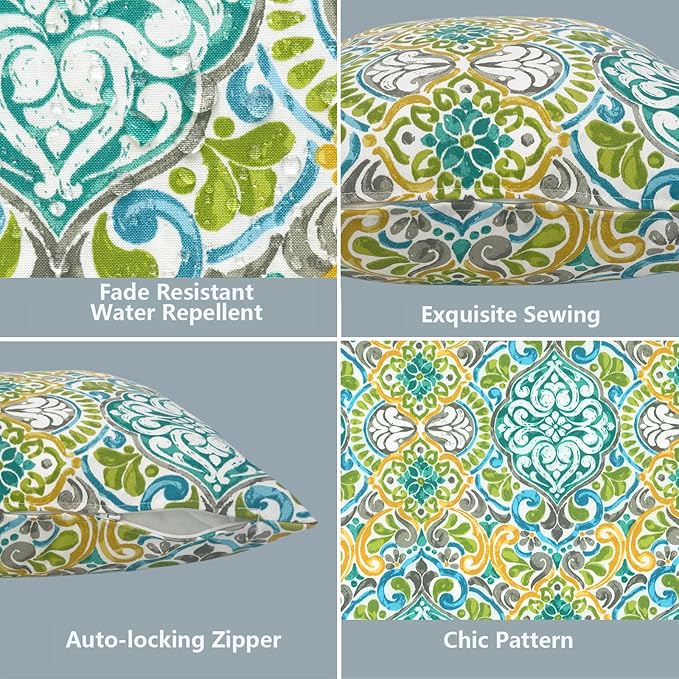 LVTXIII Outdoor Throw Pillow Covers 20 x 20 Inch, Covers ONLY Modern Cute Pattern Decorative Square Toss Pillow Case Pack of 2 for Home Patio Garden Sofa Bed Furniture, Damask Green