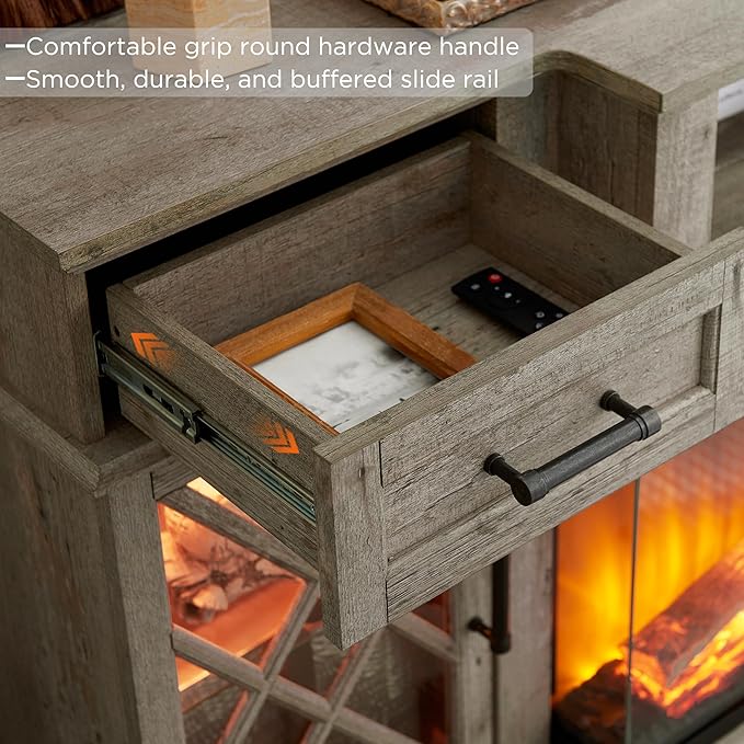 OKD 70'' TV Stand with 36'' Electric Fireplace, Media Entertainment Center for TVs Up to 80'', Modern Farmhouse 3-Sided Glass TV Stand with 3 Color Lights & 5 Flame Speeds, Light Rustic Oak