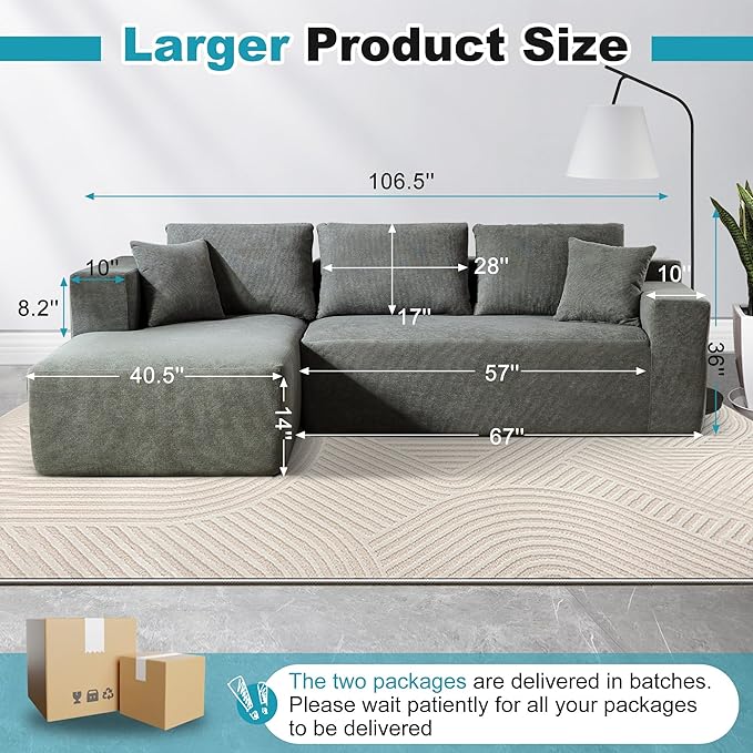 Sectional Couches for Living Room 106" L Shaped Cloud Couch Modern Modular Sectional Sofa Bad, Boneless Couch with Deep Seat, No Assembly Required (Chenille, Beige)