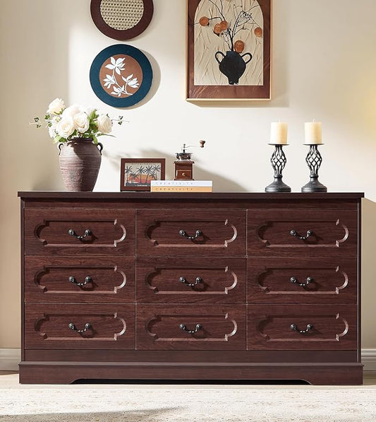 LIDYUK 9 Drawer Dresser for Bedroom Farmhouse Cherry Tall Wood Chest of Drawers for Bedroom Dresser, Modern Rustic 59" Wide Drawers Dressers Wooden Closet and Storage Cabinet, Hallway, Living Room