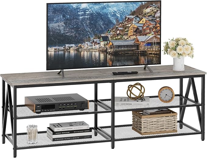 TV Stand for TVs up to 65 Inch, 55" Long Industrial TV Console Table with 3-Tier Storage Shelves, Entertainment Center for Living Room, Bedroom (Gray)