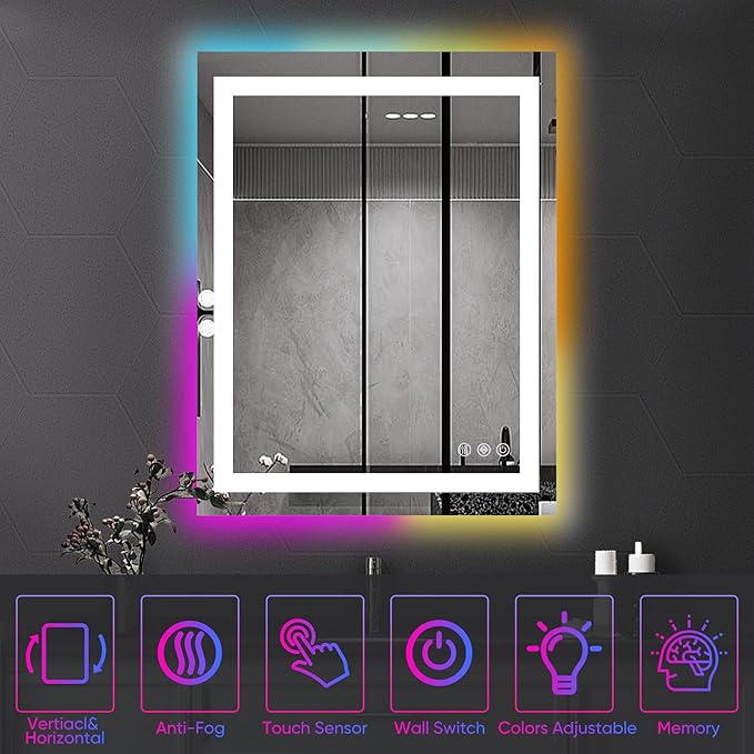 Antok 28"x 20" LED Bathroom Mirror with Lights, Anti-Fog, Dimmable, Lighted Vanity Mirror with Tempered Glass, Memory Function, 11 Light Modes, Safe Use, Horizontal, Vertical
