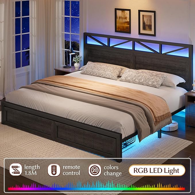 EnHomee King Size Bed Frame with Headboard and Storage, 2 Drawers & LED Farmhouse King Bed Frame with Storage Built in Charging Station,NO Noise,No Box Spring Needed,Black