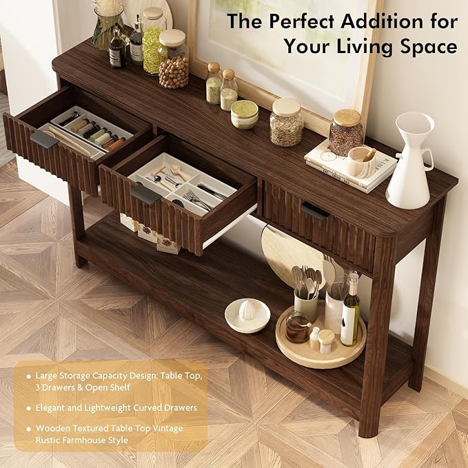 RUSTOWN Fluted Wood Console Table with 3 Drawers, Boho Narrow Behind Couch Entryway Table with Open Storage Shelf, Modern Sofa Table for Living Room, Foyer and Hallway (Dark Walnut)