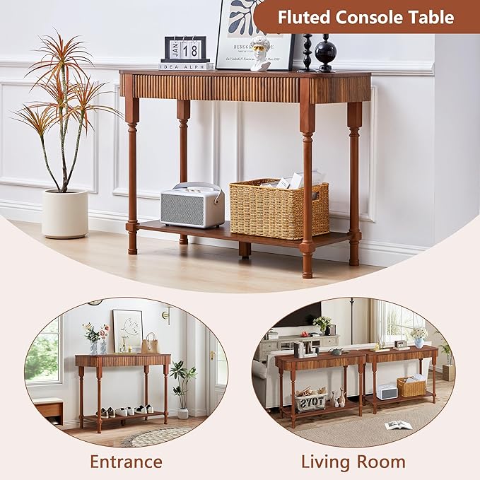 43.3” Console Table with 2 Drawers, Modern Retro Entryway Table with Fluted Panel & Storage Shelf, Narrow Wood Behind Couch Sofa Table for Living Room, Foyer, Hallway(Walnut)