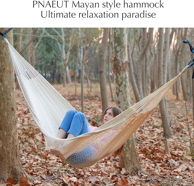 PNAEUT Mayan Hammock, Handwoven XL Thick Soft Rope Hammocks for Outdoor Indoor, Max 600 lbs Capacity, Tree Straps & Carabiners Included (Nature)