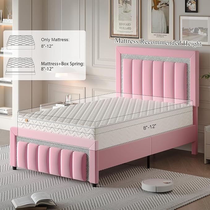 HOMBCK Twin Size Bed Frame with Headboard, Velvet Upholstered Platform Bed with Wooden Slats Support, Mattress Foundation, Twin Bed Frames for Girls, No Box Spring Needed, Easy Assembly, Pink