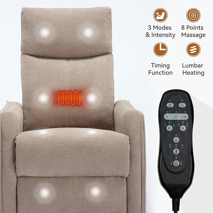Massage Rocker Swivel Recliner Chair for Adults, Manual Recliner Glider with Lumbar Heating, Technical Flannel Fabric Nursery Glider Rocking Chair with Vibration Massage for Living Room - Khaki