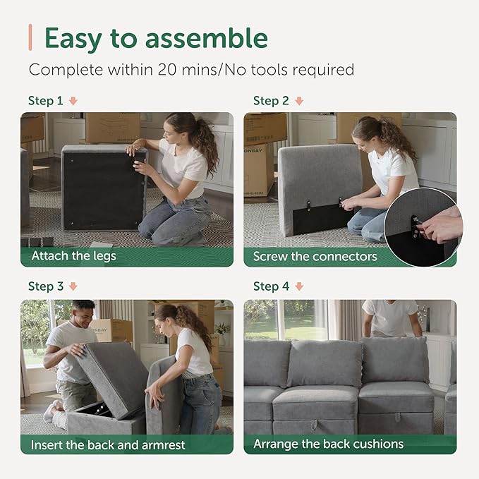 HONBAY Modular Sectional Sleeper Sofa with Storage 6 Piece Modular Sleeper Couch Reversible Sleeper Sectional Couch for Living Room, Grey