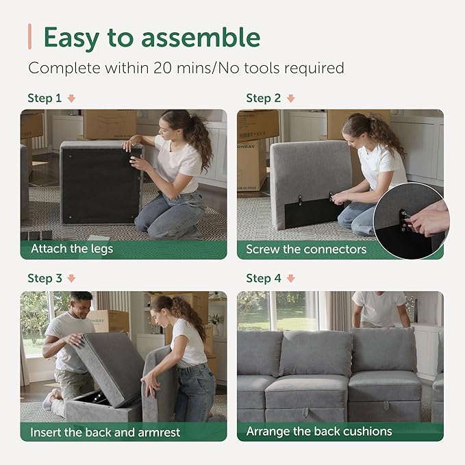 HONBAY Modular Sectional Sofa Sleeper Couch | Oversized with Chaise and Ottoman U Shaped Set | Stoarge Seat, Grey