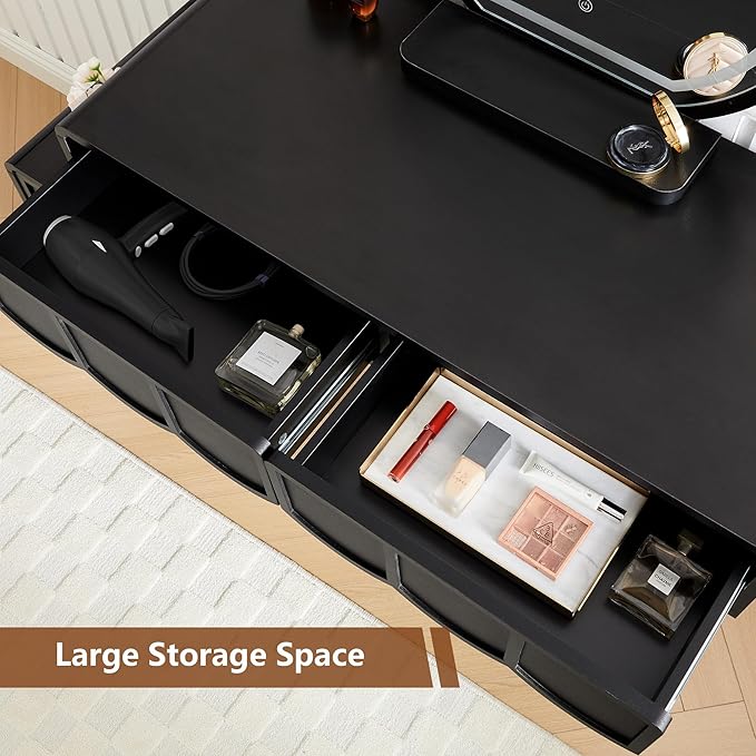 ORRD Vanity Desk with Mirror and Lights, Modern Wood Wave Panel Vanity Desk Set Makeup Table with Drawers and Cabinet, Dressing Table with Storage for Bedroom, Black