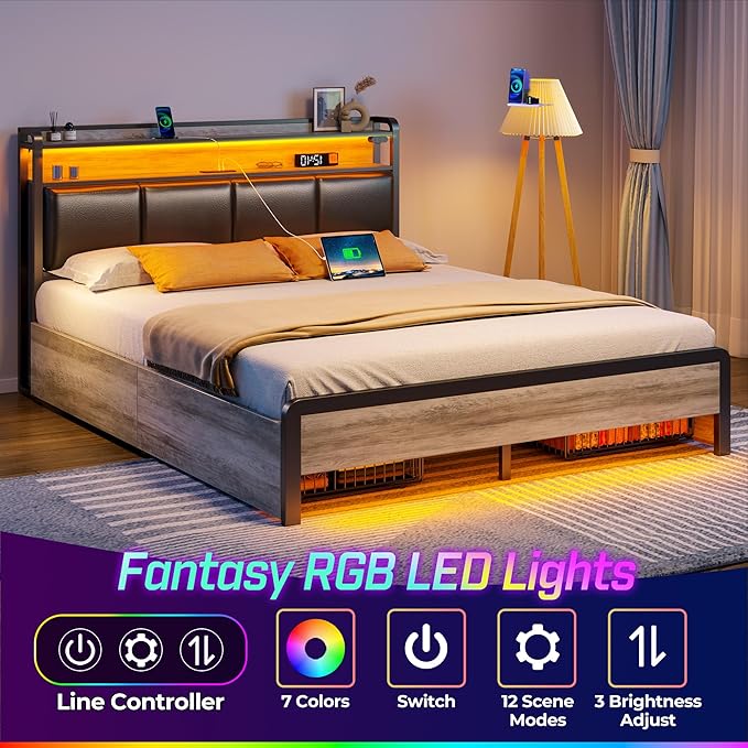 Rolanstar Bed Frame Full Size with Charging Station and LED Lights, Upholstered Storage Headboard with Drawers, Heavy Duty Metal Slats, No Box Spring Needed, Easy Assembly, Vintage Grey and Black