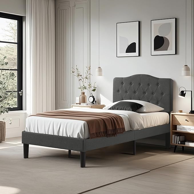 VECELO Twin Size Platform Bed Frame with Fabric Upholstered Headboard and Wooden Slats Support, No Box Spring Needed/Easy Assembly,Grey