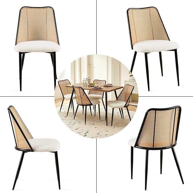 Rattan Dining Chairs Set of 4, Modern Mid Century Dining Chairs Upholstered Kitchen Chairs Boucle Stylish Cane Chairs with Metal Legs for Apartment, Dining Room
