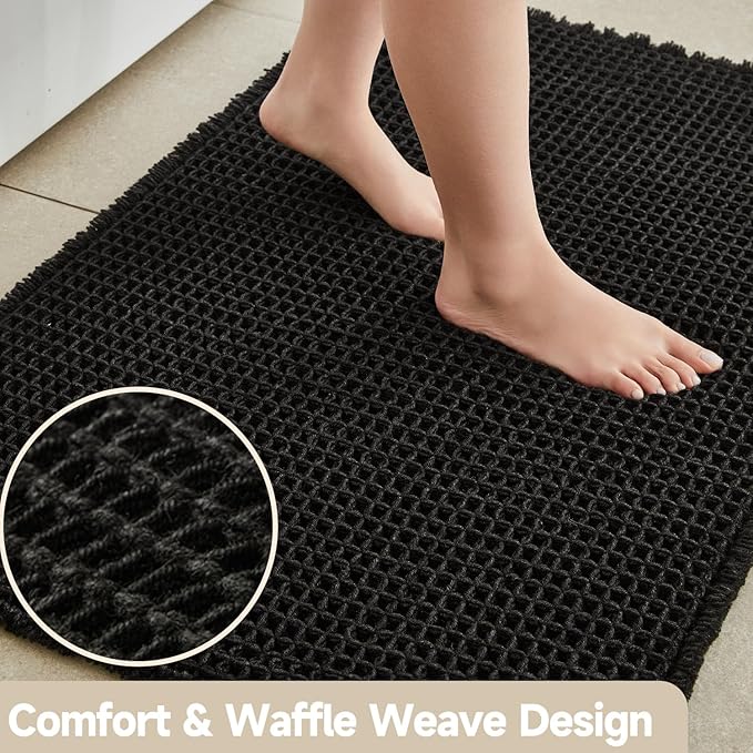 Black Bathroom Rug, Waffle Bath Mat Non Slip Washable Super Absorbent Quick Dry Boho Farmhouse Bathroom Decor, 36"x24"/ 3'x2' Black