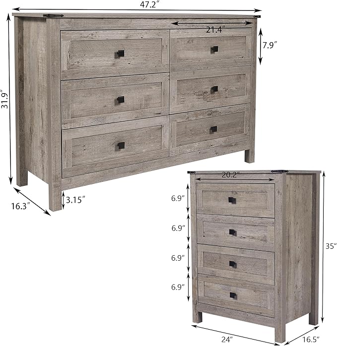 Farmhouse 6 Drawers Dresser and 2pcs 4 Drawer, Wood Double Dresser Chest of Drawers Wide Storage Organizer Cabinet for Bedroom, Living Room, Rustic Gray