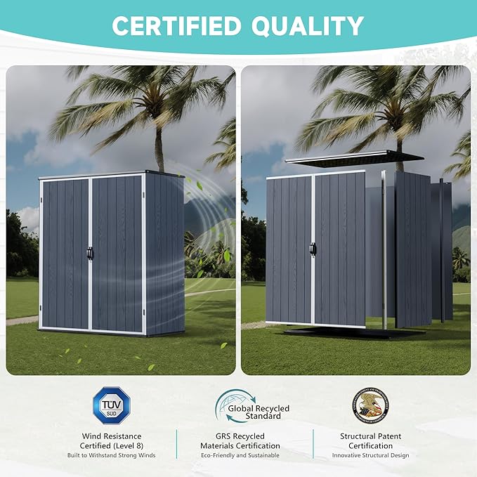 Greesum 5×3FT Plastic Outdoor Storage Shed with Floor, Resin Storaged Sheds with Lockable Door, Window & Vent, All-Weather Tool Sheds for Garden, Backyard, Patio, Dark Gray (4.7×2.5FT)