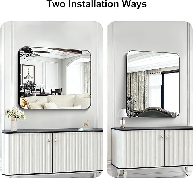 KOCUUY 30x36 Inch Rectangle Bathroom Mirror with Black Metal Frame,Modern Design of Wall Mounted Upgraded Shatterproof Glass, Rounded Corners for Bedroom, Living Room, Entryway