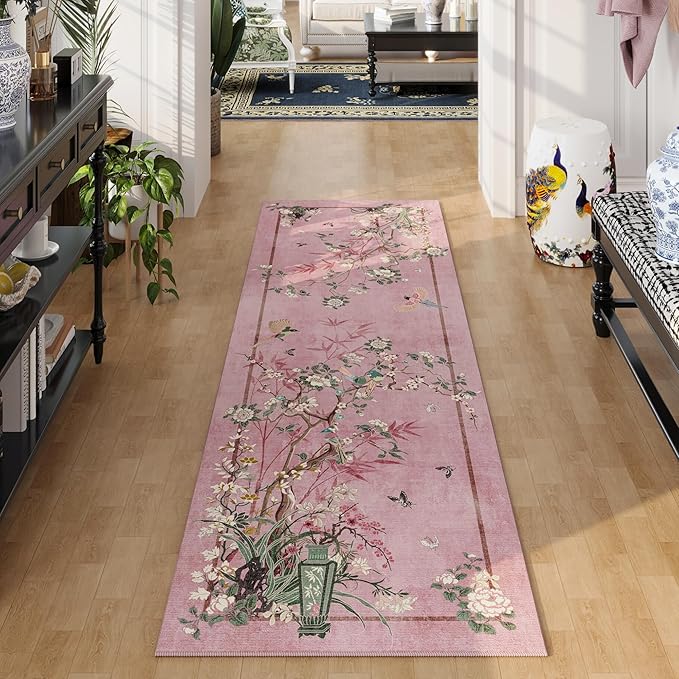 Runner Rug 2x6 Chinoiserie-Style Floral Vintage Kitchen Rugs Non Slip Washable with Rubber Backing Soft Carpet for Laundry, Bedroom, Bathroom, Pink