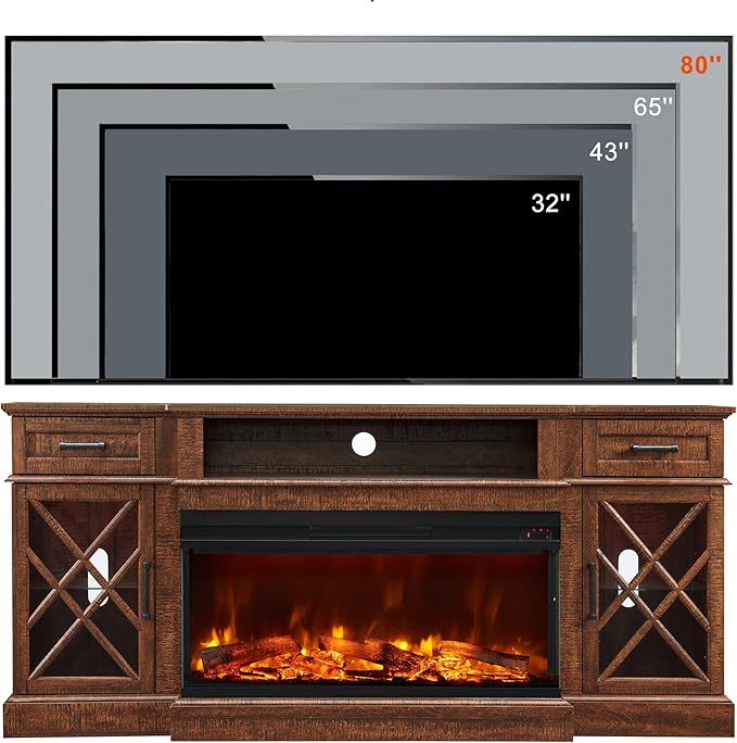 OKD 3-Sided Glass Farmhouse Fireplace TV Stand for TVs up to 80'', Highboy Entertainment Center with Glass Door Storage Cabinet, 70'' Large TV Stands with 36'' Electric Fireplace, Reclaimed Barnwood