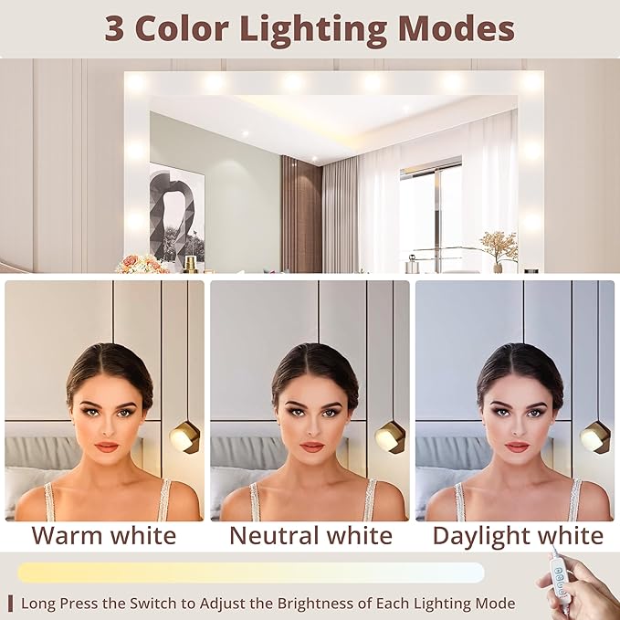 IRONCK 46'' Makeup Vanity Set with LED Mirror & Power Outlet - 11 Drawers, Glass Top, Hair Dryer Rack, Dressing Table with Storage Bench for Bedroom, 3 Lighting Color Adjustable, White