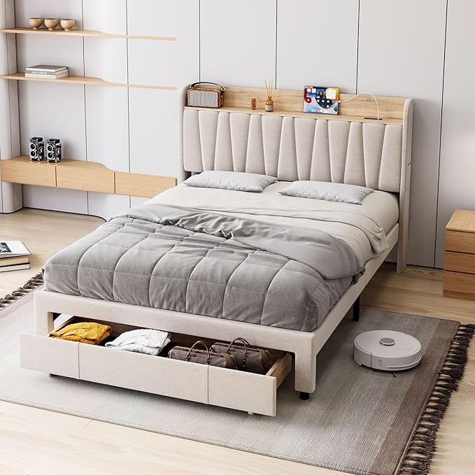 GarveeHome Upholstered Bed Frame with Storage Headboard and Charging Station, Platform Bed Frame with Drawers, Heavy Duty, No Box Spring Needed, Easy Assembly, Beige, Queen Size
