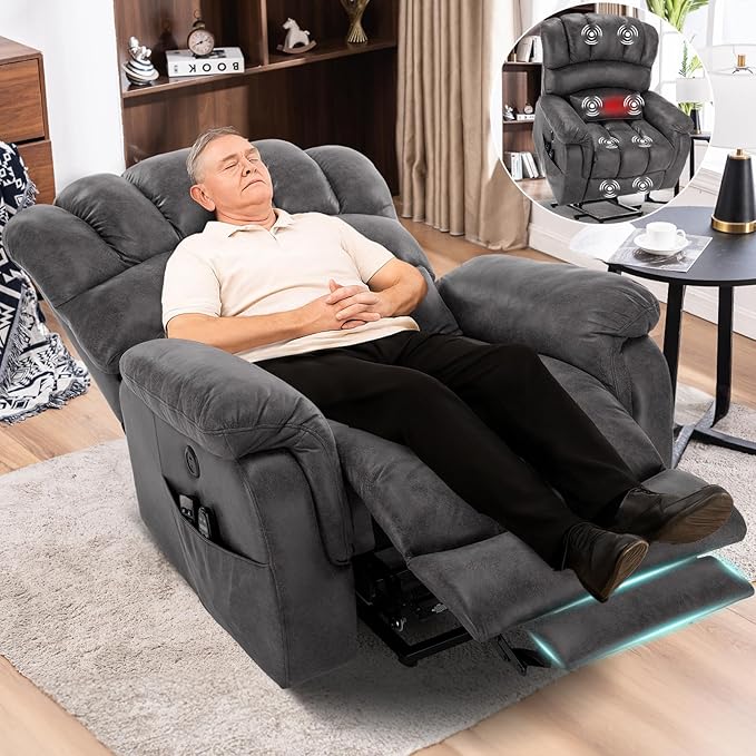 MEETWARM Oversized Dual Motor Power Lift Chair with Extended Footrest for Big Tall Elderly, Infinite Position Lay Flat Sleeper Electric Recliner, Heat Massage, Lumbar Pillow, USB & Type-C Ports, Gray