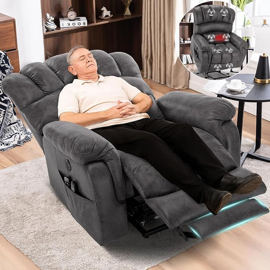 MEETWARM Oversized Dual Motor Power Lift Chair with Extended Footrest for Big Tall Elderly, Infinite Position Lay Flat Sleeper Electric Recliner, Heat Massage, Lumbar Pillow, USB & Type-C Ports, Gray