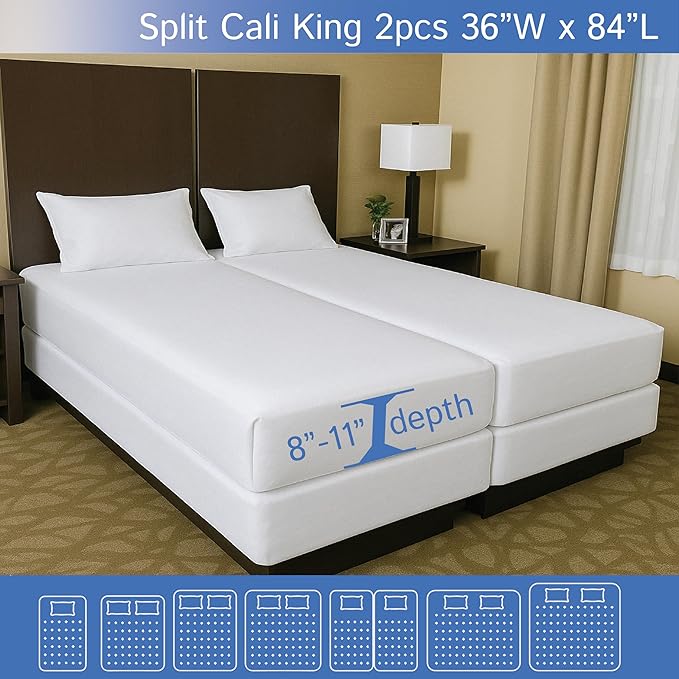 Split California King (2PC) Mattress or Box Spring Encasement (8"-11" Depth) Waterproof Zippered Protector Hypoallergenic Premium Bedbug Cover Protects from Dust White