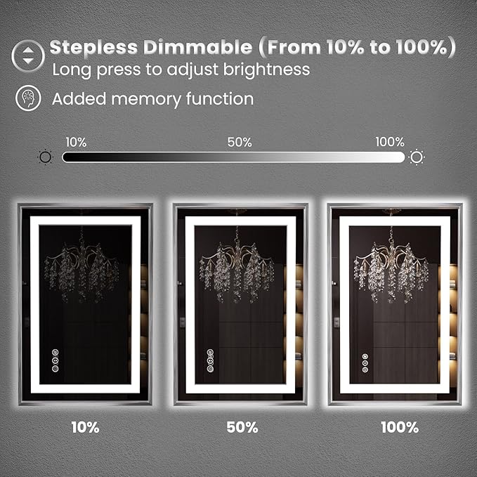 Amorho 72"x 36" LED Bathroom Mirror, Brushed Nickel Framed Mirror with Front Light and Backlit, Stepless Dimmable, Anti-Fog, Shatter-Proof, Memory, 3 Colors