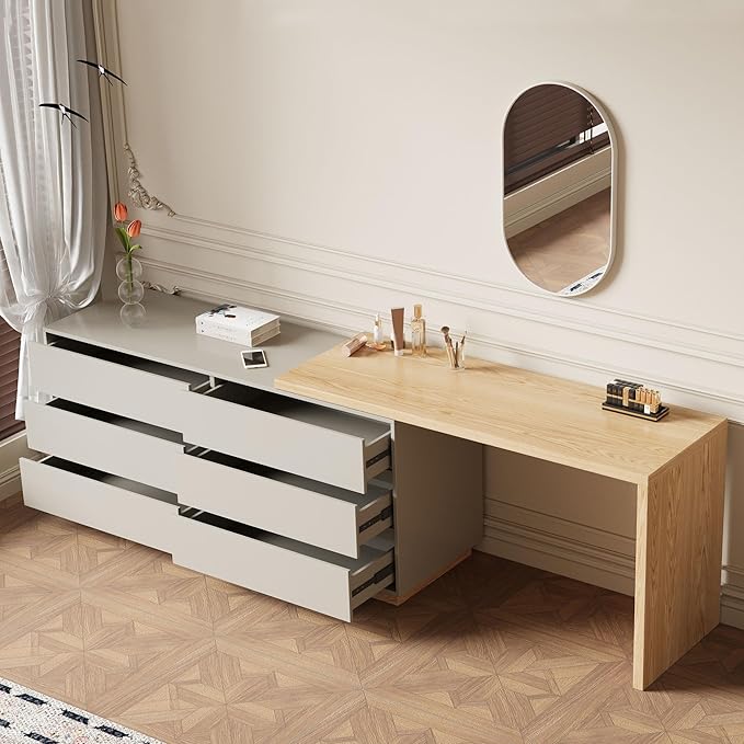 Modern Expandable L-Shaped Vanity Desk with 6 Drawers, Adjustable Computer Table for Home Office, Study, Writing, Gaming, and Bedroom Makeup, Beige, 56-98.5 ″