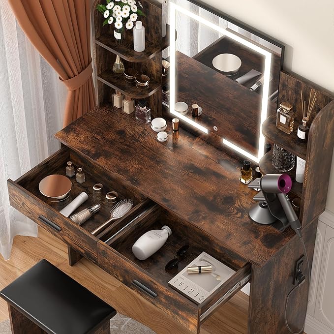 SMOOL Vanity with Lighted Mirror, Makeup Vanity Desk with Power Outlet, 3 Color Light Options Adjustable Brightness, Vanity Table with 6 Storage Shelves, 2 Large Drawers and Cushioned Stool, Rustic