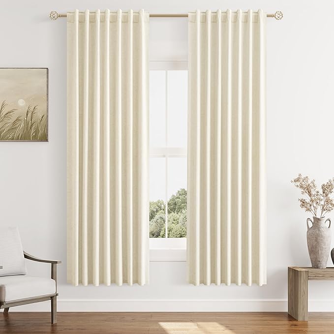 Guken Blackout Curtains 72 Inch Length 2 Panels Set for Living Room Bedroom Back Tab Thermal Insulated 100% Black Out Linen Drapes Room Darkening Window Curtains 72 Inches Long,Warm Beige