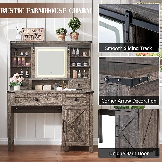 42'' Farmhouse Makeup Vanity Desk with Sliding Mirror and Lights, Glass Tabletop Vanity Table with Barn Door, 4 Drawers & Hidden Shelves, Rustic Big Vanity Women Dressing Table, Light Oak
