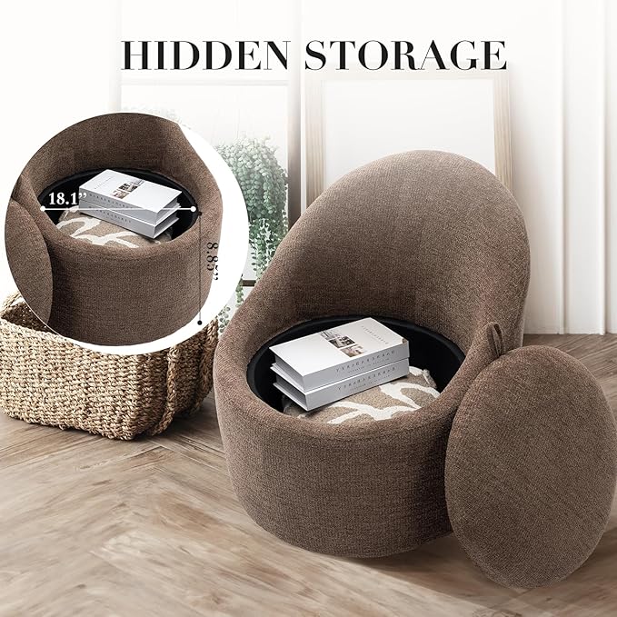 COLAMY Swivel Accent Chair, 360° Swivel Chair with Hidden Storage, Modern Small Barrel Swivel Armchair for Living Room/Bedroom, Brown