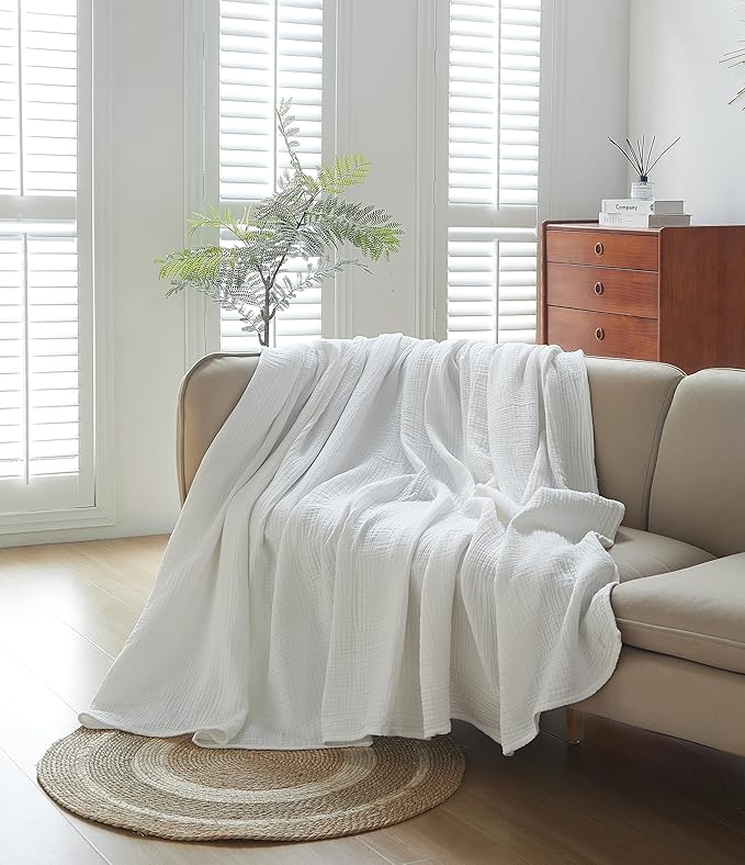 100% Cotton Muslin Throw XL Blanket (50" x 70") – A Luxuriously Soft, 4-Layer Lightweight and Breathable Gauze Blanket, Perfect for Year-Round use on beds, couches (White, Throw XL)