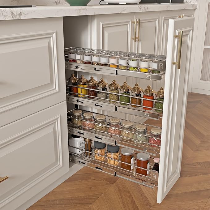 4-Tier 5" W x 21" D Narrow Pull Out Cabinet Organizer, Roll out Spice Rack Holder Shelve, Slide Out Slim Storage Wire Baskets for Storage Organization