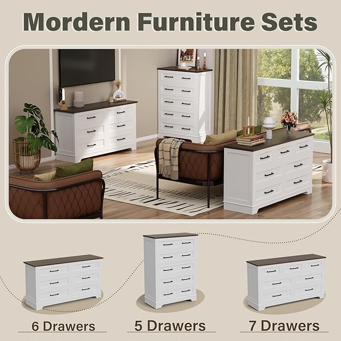 YESHOMY Tall Dresser for Bedroom,Farmhouse 5 Drawers Dresser, Chest of Drawer Chest, Multi-Tier Clothing Storage Cabinet, White and Brown
