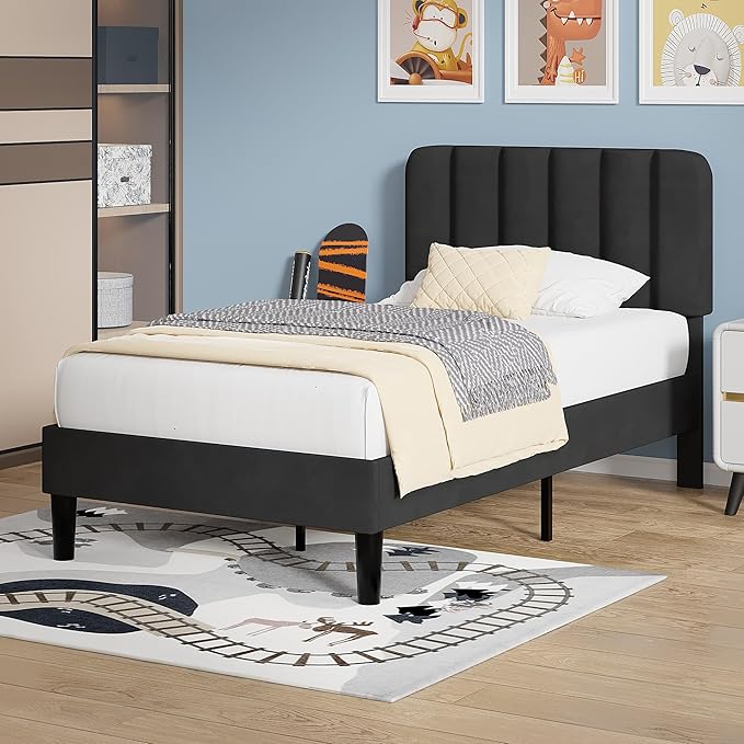 VECELO Twin Size Bed Frame with Upholstered Headboard, Velvet Platform Bedframe Mattress Foundation, Strong Wood Slat Support, No Box Spring Needed,Black