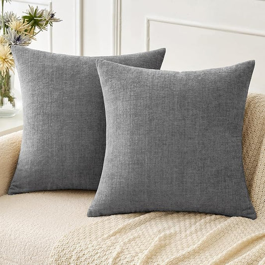 MIULEE Pack of 2 Dark Gray Throw Pillow Covers 16x16 Inch Soft Chenille Pillow Covers for Sofa Living Room Couch Solid Dyed Cases