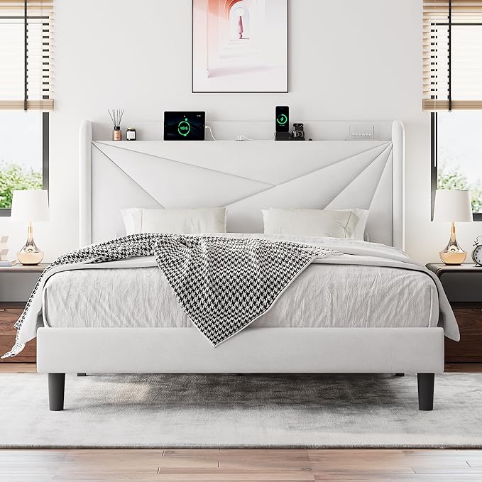 Full Size Upholstered Bed Frame with Charging Station, Platform Bed Frame with Storage Headboard, Solid Wood Slats Support, No Box Spring Needed, White