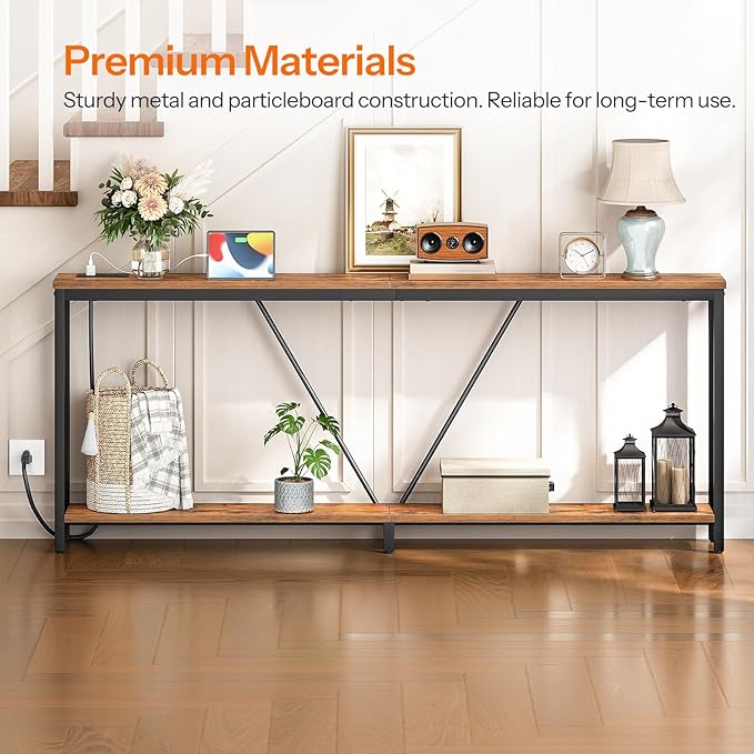 HOOBRO 78.7" Extra Long Sofa Console Table with Charging Station, 2-Tier Behind Couch Table with V-Brace, for Narrow Entryway, Hallway, Living Room, Rustic Brown BF206UXG01