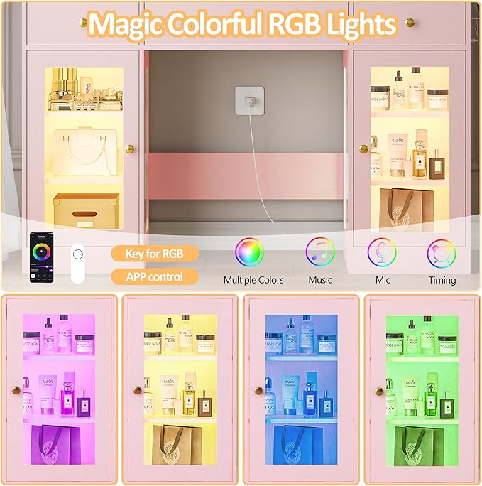 Vanity Desk with Mirror and Lights, Large Makeup Vanity Set with Power Outlet & RGB Glass Cabinet, 3 Drawers, Pink Vanity Mirror with Lights Dressing Table for Girls Women, 3 Color Modes
